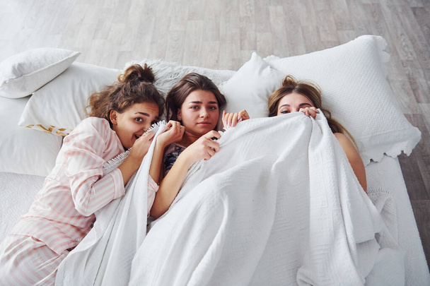 Battaniyenin altında saklanıyor. Mutlu bayan arkadaşlar yatak odasında pijama partisinde iyi vakit geçiriyorlar.. - Fotoğraf, Görsel