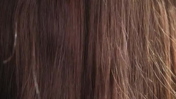 weibliche Hand kämmt lange gesunde, fließende braune Haare in Nahaufnahme, Sonnenstrahlen scheinen auf die Textur - Filmmaterial, Video