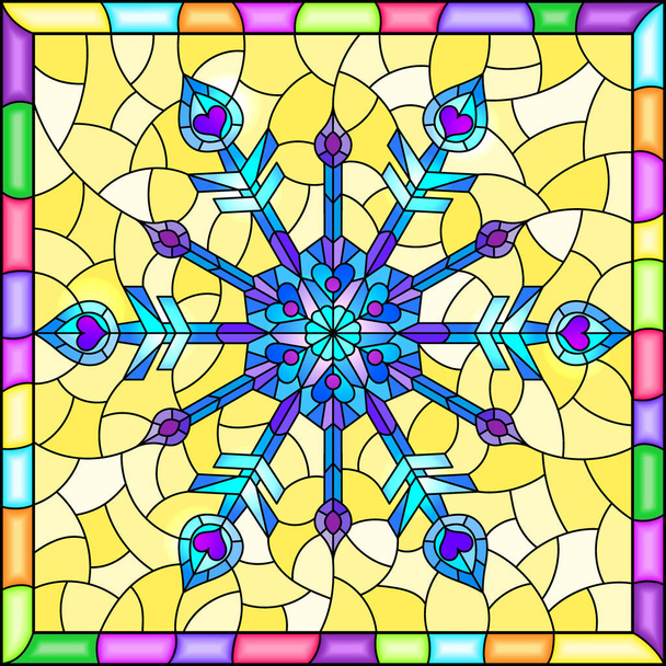 Illustration in stained glass style with an openwork snowflake on a yellow background, square image in a bright frame - Vector, Image