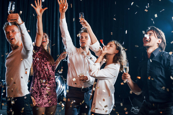 Group of cheerful friends celebrating new year indoors with drinks in hands. - Foto, Imagem