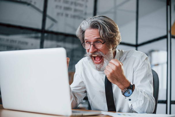 Expressive mature businessman with grey hair and beard in formal clothes is in the office against laptop. - Фото, изображение