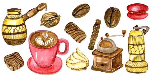 ілюстраційний набір акварельної кави та її приготування та солодощі
 - Фото, зображення