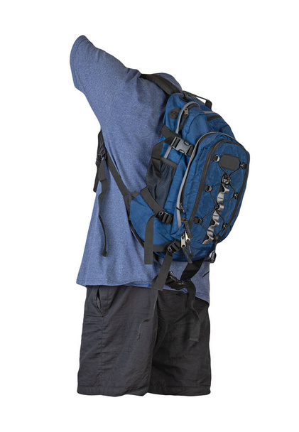 denim blue backpack,black sports shorts,navy t-shirt isolated on white foane. clothes for every day - Foto, immagini