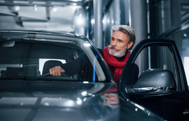 Stylish senior man with grey hair and mustache sitting into brand new modern car. - Fotografie, Obrázek