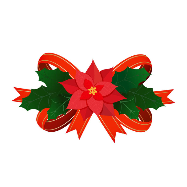 Christmas satin bow decoration with poinsettia flower and holly leaves. Vector christmas traditional design element isolated on white background. - Vector, Image