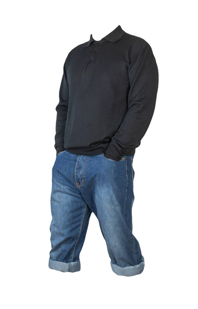 denim dark blue shorts and knitted dark red sweater  isolated on white background. Men's jeans - Φωτογραφία, εικόνα