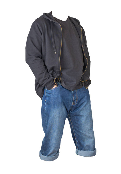 Denim dark blue shorts,blue t-shirt  and black sweatshirt with zipper and hood  isolated on white background - Фото, изображение