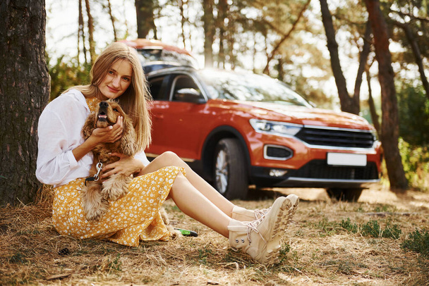 Leaning on the tree. Woman with her dog outdoors in the forest against automobile have good time. - Photo, Image