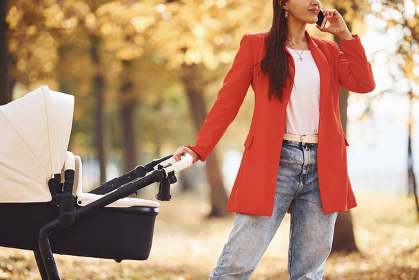 Talking by the phone. Mother in red coat have a walk with her kid in the pram in the park at autumn time. - Φωτογραφία, εικόνα
