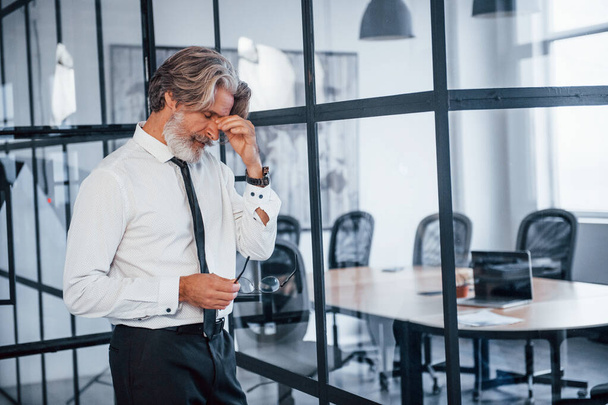 Confident mature businessman with grey hair and beard in formal clothes is in the office. - Fotoğraf, Görsel