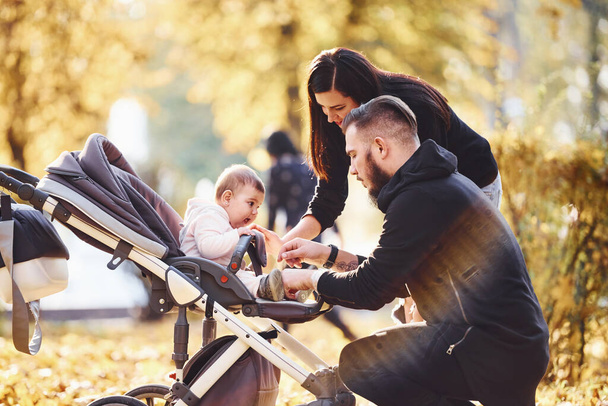 Cheerful family having fun together with their child in pram in beautiful autumn park. - Фото, зображення
