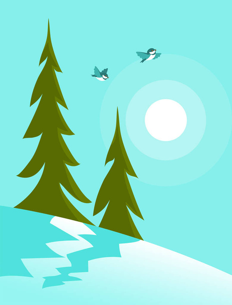 Winter morning landscape poster. They ate and snow. Forest birds are flying, the sun is shining. Vector cartoon illustration poster - Vector, Image