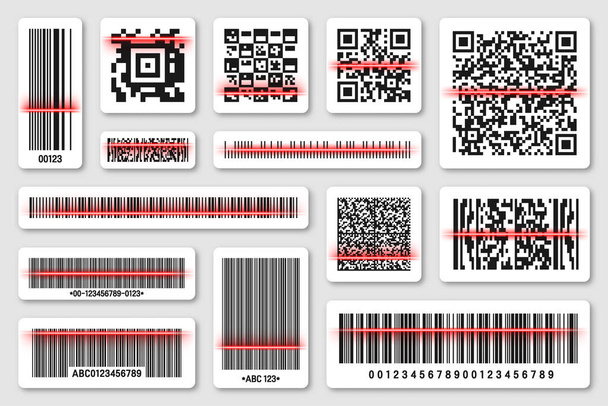 Productbarcodes en QR-codes met rode scanlijn. Identificatiecode. Serienummer, product-ID met digitale informatie. Winkel, supermarkt scan labels, prijskaartje. Vectorillustratie. - Vector, afbeelding