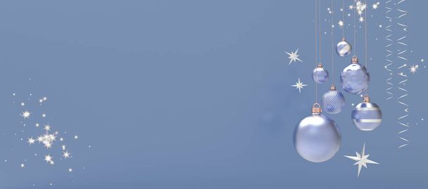 Azul com bolas de prata, estrelas e serpentina no fundo de Natal e Ano Novo. Design agradável para cartão de felicitações de Natal, convite do partido, cartaz, papel de parede ou mais. ilustração 3d, banner com espaço de cópia. - Foto, Imagem