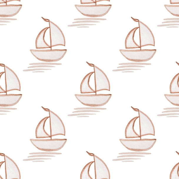 Seamless pattern with hand-painted by watercolor paints brown ship with sail, floating in the sea. On white - Valokuva, kuva