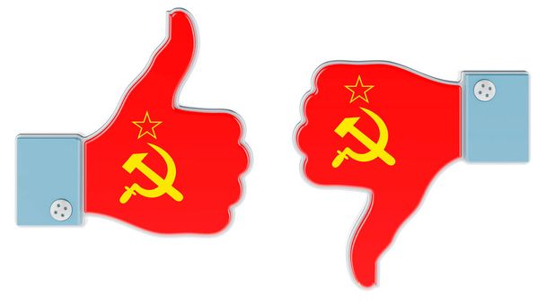 Bandeira da URSS pintada na mão com o polegar para cima e polegar para baixo. Gosto e não gosto na URSS, conceito. 3D renderização isolada no fundo branco - Foto, Imagem