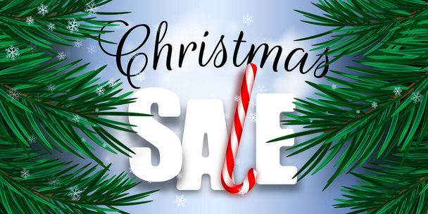 Christmas sale banner with realistic fir or pine branches, snowflakes, candy cane and advertising discount text decoration on blue background. Vector illustration. - Вектор, зображення