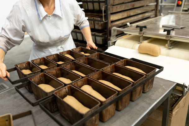 Ο φούρναρης γεμίζει ένα ταψί με ζύμη. Στάδιο παραγωγής ψωμιού σε μικρό αρτοποιείο - Φωτογραφία, εικόνα