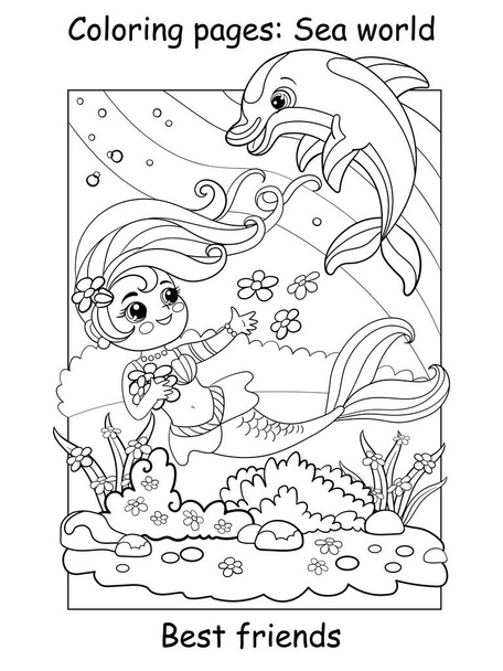 Szépség aranyos sellő úszik egy delfin. Színező könyv oldal gyerekeknek. Vektor rajzfilm illusztráció elszigetelt fehér háttér. Színező könyv, oktatás, nyomtatás, játék, dekoráció, puzzle, design - Vektor, kép
