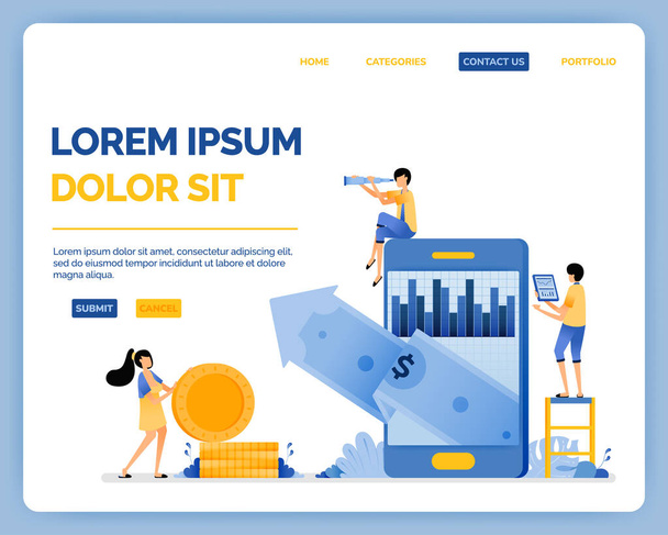 Design of analyze increase in value of investments in portfolio and improve profits in stocks market. vector illustration can be used for landing page, web, website, mobile apps, poster, flyer, ui ux - Vector, Image