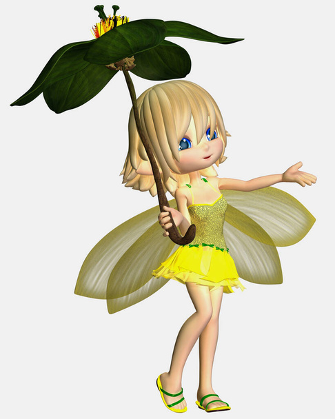 Cute Toon Umbrella Fairy σε κίτρινο, 3D ψηφιακή απεικόνιση φαντασίας - Φωτογραφία, εικόνα