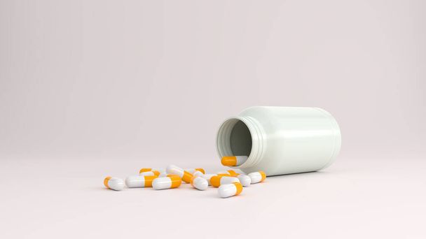 Cápsula de píldora blanca amarilla y frasco de píldora de plástico blanco sobre fondo blanco. renderizado 3d. - Foto, Imagen
