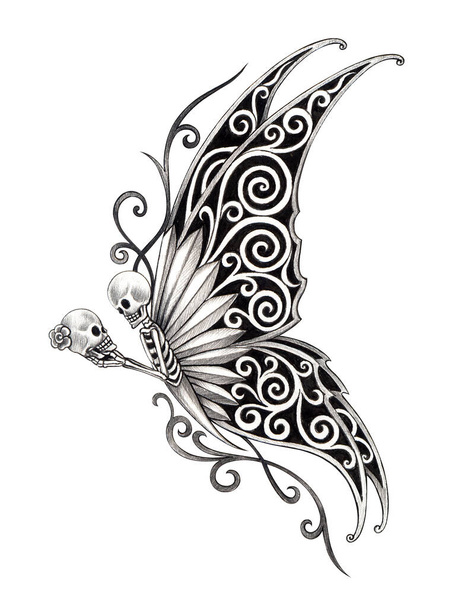 Art fantasy szürreális pillangó koponya tetoválás.Kézrajz papírra. - Fotó, kép