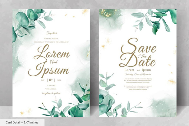 Modelo de cartão de convite de casamento de aquarela verde com folhas de eucalipto desenhadas à mão - Vetor, Imagem
