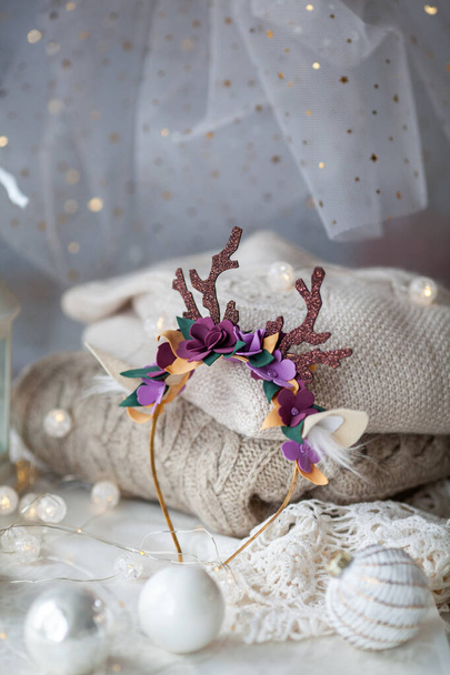 beautiful New Year's headband with deer horns from foamiran. Christmas accessory - Фото, изображение