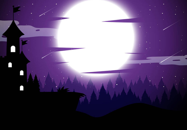 Griezelige nacht achtergrond met volle maan illustratie - Vector, afbeelding