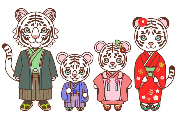 Ilustración de una familia de tigres blancos con un kimono "Plantilla postal". Hay un margen para facilitar la inserción de caracteres en la plantilla de la tarjeta de Año Nuevo.  - Foto, Imagen