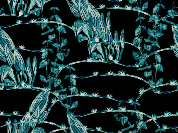 Απλό τροπικό καθαρό μοτίβο χωρίς ραφές. Μπλε και Indigo χέρι ζωγραφισμένα Χαβάη δάσος εικονογράφηση. Floral Creative Summer Εκτύπωση. Εξωτικά μαγιό Foliage Φόντο. Αφελής σχεδιασμός ζούγκλας Doodle. - Φωτογραφία, εικόνα