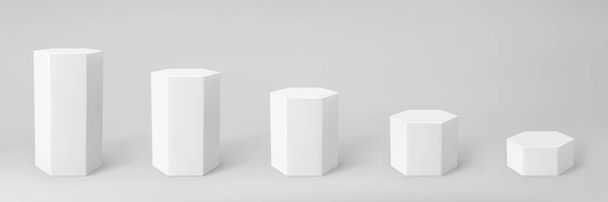 White 3d hexagon podium set with perspective isolated on grey background. Product podium mockup in hexagon shape, pillar, empty museum stages or pedestal. 3d basic geometric shape vector illustration - ベクター画像