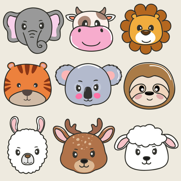 Big set cute cartoon baby animals faces. Graphic element collection for kids, greeting card, cover, sticker, patch, phone case, poster and t-shirt. Vector illustration. - Διάνυσμα, εικόνα