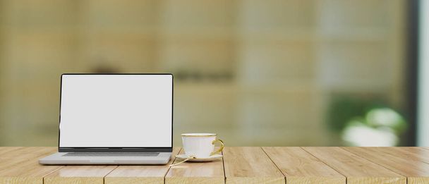 Moderne laptop computer blanco scherm mockup met kopieerruimte op houten tafelblad over wazig kantoor achtergrond. 3d weergave, 3d illustratie - Foto, afbeelding