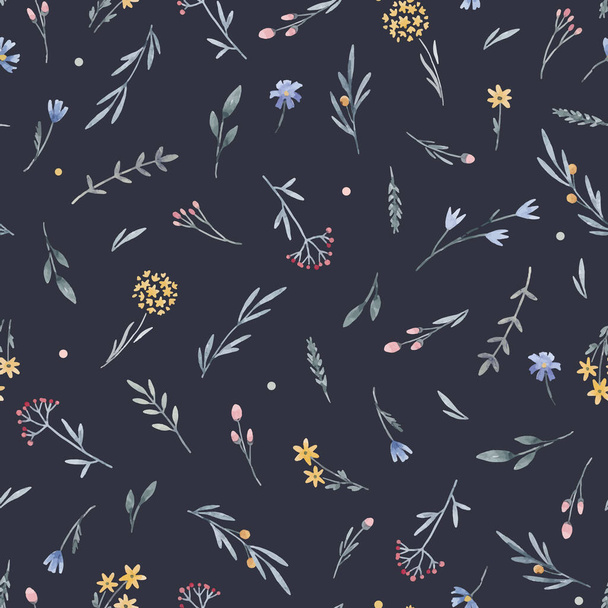Beautiful vector floral seamless pattern with cute watercolor hand drawn wild flowers. Stock illustration. - Wektor, obraz