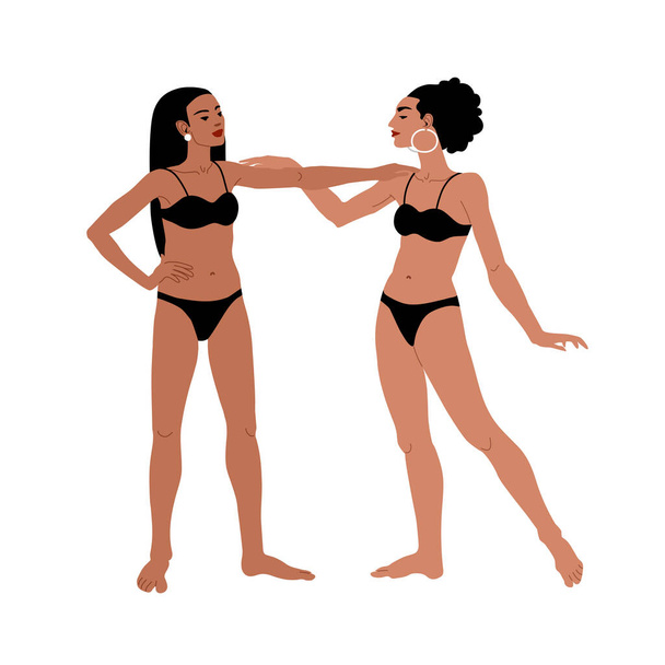 Two pretty brunette models pose in black lingerie. Modern underwear. Girl friends greet each other. Color vector illustration isolated on a white background in cartoon style and flat design. - Vektori, kuva