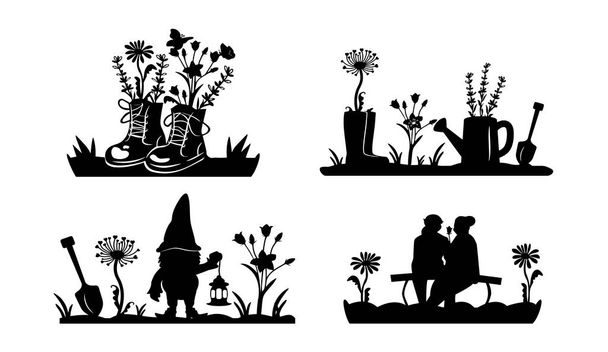  Set für den Garten. Ein Gnom hält eine Taschenlampe in der Hand, Gummistiefel mit Blumen, Retrostiefel mit Lavendel und Kamille, ein älteres Paar sitzt auf einer Bank, Blick von hinten. Lasergeschnittenes Design. Vektor. eps - Vektor, Bild