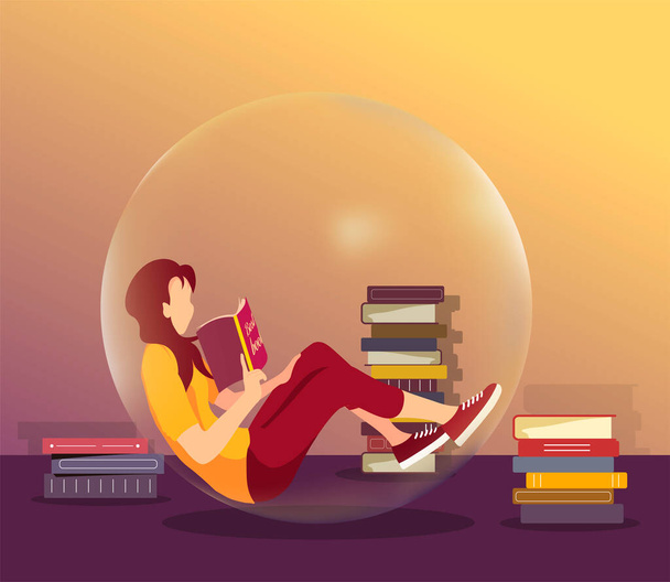 本の愛好家、書店や書店、読書の概念。バブルに座って本を読んでいる若い女性。ベクターイラストは、ポスター、バナー、カード、はがき、商業用に使用できます。. - ベクター画像