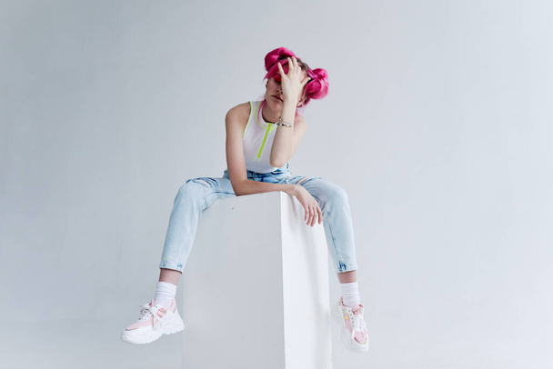 woman with pink hair teen fashionable clothes posing neon - Fotografie, Obrázek