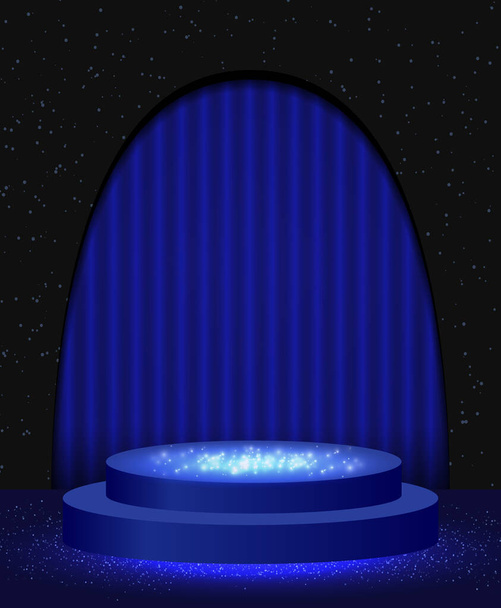 Vector illustratie blauw neon achtergrond met glanzende fonkelende podium podium voor design - Vector, afbeelding