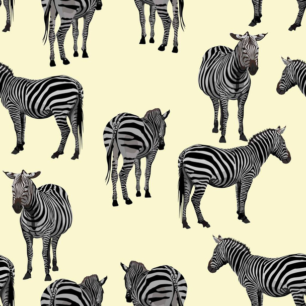 Padrão papel de parede sem costura. Zebras animal sobre um fundo amarelo. Composição têxtil, impressão estilo desenhado à mão. - Vetor, Imagem