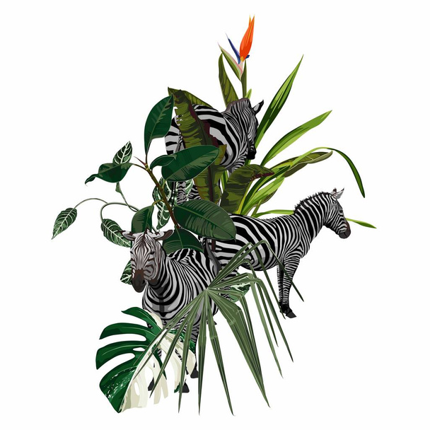 Abstract Nature Banner Background. Растения джунглей, мультяшные животные леопард, зебра; экзотический элемент карты с тропическими листьями. - Вектор,изображение