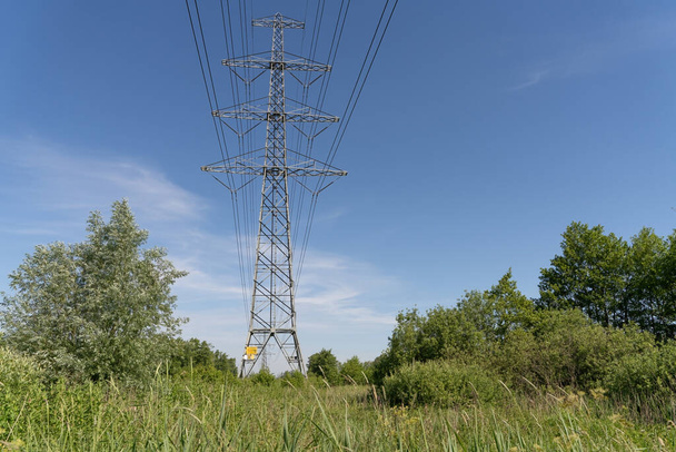 Línea eléctrica de aislamiento eléctrico de alto voltaje contra el cielo azul. En un paisaje natural con hierba y árboles. - Foto, imagen