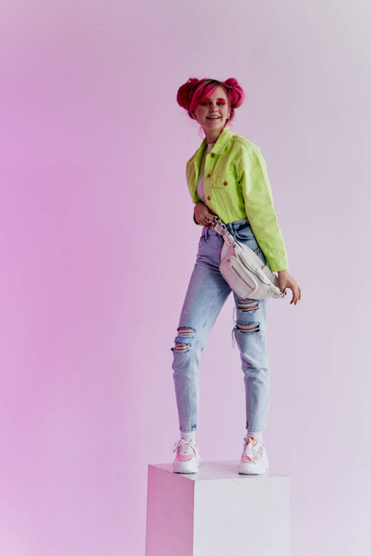 cheerful woman bright makeup posing poster stylish clothing - Foto, Imagen