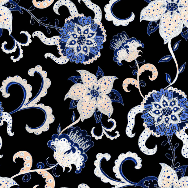 Akvarell zökkenőmentes minta folky virágok és levelek etnikai stílusban. Virágdíszítés. Hagyományos paisley minta. Textil design textúra.Törzsi etnikai évjárat zökkenőmentes minta. - Fotó, kép