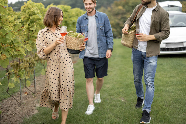 Freunde verkosten Wein in der Nähe von Weinbergen auf dem Land - Foto, Bild