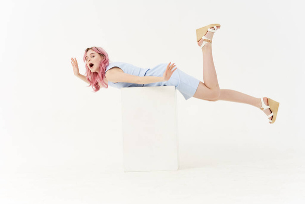 pretty woman pink hair posing fashion clothes Acid style design - Фото, зображення