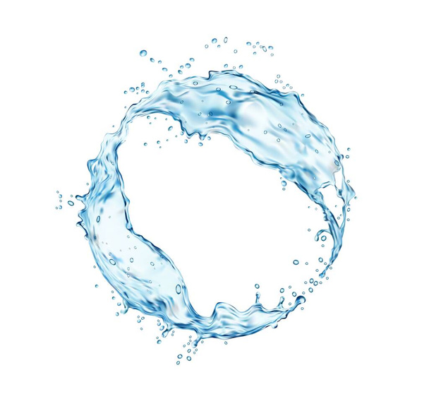 Transparent blue water round swirl frame with splash and bubbles, vector. Realistic 3d water with splashing drops whirl, liquid blue clear aqua wave with fresh droplet of clean drink with pouring flow - Vector, Image