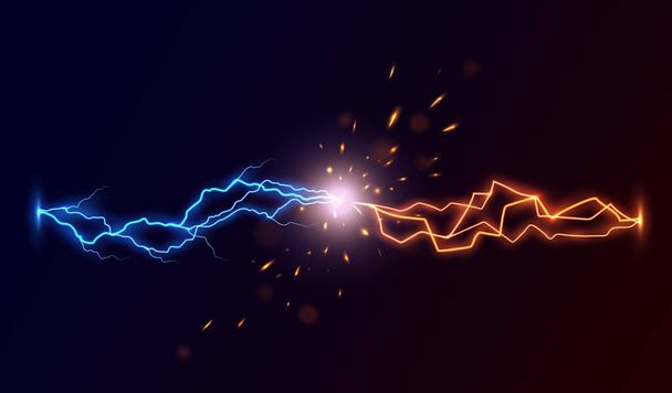 Realistic lightning thunderbolt against short circuit. Plasma exposing after two electricity discharges clash. Flying vector sparks and flaming particles, bright flash of light after lightning strike - Vector, Image